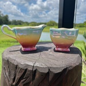 Royal Winton Grimwades Lustreware, blue yellow pink iridescent, creamer sugar